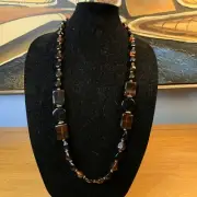 Vintage goldtone Genuine Lucite made in Hong Kong Black Brown beaded 18”necklace