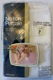 JCPenney Standard Pillowcases Set of 2 No Iron Percale White Vtg 1970s