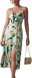 [Fashionme] Women Spaghetti Strap Midi Satin Dresses Tie Front Backless Split Hollow Dress