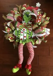 GRINCH WITH LEGS WREATH Curly Mesh Ribbon HANDMADE Wood Grinch CUSTOM Whimsical