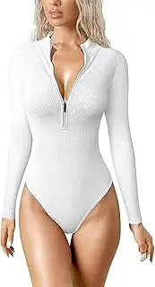 [ZPLxi] Women Ribbed Seamless Bodysuit Zip Up Long Sleeve Bodysuits Top V Neck Tummy Control Bodycon One Piece Seamless Shapewear Bodysuits Thong