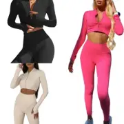 Women Sexy Outfits Long Sleeve Zip Up Crop Top Bodycon Leggings Yoga Tracksuit