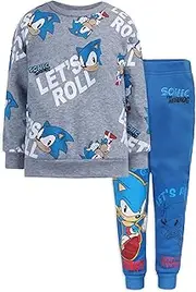 [SEGA] Sonic the Hedgehog Boys 2 Piece Sweatshirt and Pant Sets for Toddlers and Kids – Blue/Light Grey