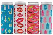 Party Girl Kim Slim Can Cooler- Enjoy These Soft Skinny Can Coolers as Party Gifts or Drinks on The Go. Fits White Claw and Tall Beers - 4 Pack Dog, Llama, Lips, Pineapple