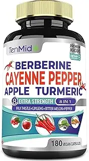 Cayenne Pepper Supplements Extract Capsules 6050mg, 180 Capsules & Berberine, Apple, Turmeric Curcumin, Bitter Melon, Ginseng, Milk Thistle| Supports Heart Health, Promotes Digestive Function