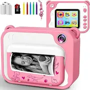 USHINING Kids Digital Camera, Instant Print, 1080P, 32GB, 5 Color Pens, 3 Rolls of Paper, Children Mini Rechargeable Toy (Pink)