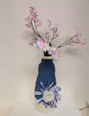 Blue and white handmade rustic twine wrapped 9.5" vase rag and pink flowers new