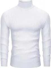 [DEMEANOR] Mens Turtle Neck Jumper Slim Fit Turtleneck Men Casual Sweaters for Men Thermal Jumper Mens, All White, S