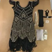 Women's Large Black Gold Sequin Fringe Flapper Dress & Accessory Set 9 Pieces