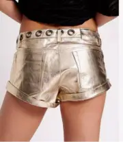 Free People One Teaspoon Heart Break Hotel Leather Bandits Shorts Gold US 33 (14