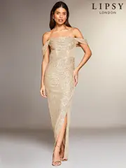 Lipsy Gold Sequin Bardot Split Drape Maxi Dress (AY9288) | $155