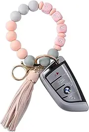 [Kinsynko] Keychain Bracelet Wristlet with Leather Tassel, Silicone Bead Key Ring Bracelets Wristlet with Letter LOVE for Women or Mother Day Gift