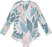 [Joitme] Blue Pink Leaf Girls Swim Suit, Soft & Durable Swimwear for Pool, Beach, 3t Girls Swimsuit, Long Sleeve Bathing Suit