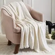 CREVENT Farmhouse Boho Knitted Throw Blanket for Couch Sofa Chair Bed Home Decoration, Soft Warm Cozy Light Weight for Spring Summer Fall (127x152 Off White/Ivory/Cream)