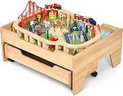 [Honey Joy] Kids Wooden Railway Train Set & Table w/Storage Drawer, 100 Multicolor Pieces, Railway, City, Cars, Track, DIY Design, Lockable Wheels, Wooden Train Set for Boys Girls
