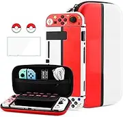 HYPERCASE for Nintendo Switch Accessories Bundle Storage Kit, with Portable Switch Carrying Case Bag, Hardshell TPU Protective Cover Skin for NS, HD Screen Protector and 2 Thump Caps - Red & White