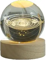 80mm Crystal Solar System Planet Globe, 3D Laser Engraved Sun System Ball, LED Night Light with Wooden Base, Ideal Gift and Home Decoration