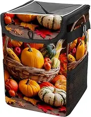 Car Trash Can with Lid and Storage Pockets Leak-Proof Organizer,Multipurpose Trash Bin for Car,Autumn Pumpkin Fall Leaves