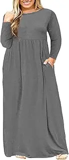[Nemidor] Women Long Sleeve Loose Plain Casual Plus Size Long Maxi Dress with Pockets (26, Grey+Sleeve)