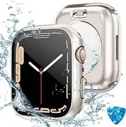 2 in 1 Waterproof Case Compatible for Apple Watch Series 9 8 7 45mm Screen Protector, 360 Protective Glass Face Cover Hard PC Bumper + Back Frame Compatible for iWatch 9/8/7(for 45mm Only,Starlight)