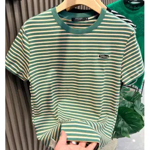 綠色橫條紋短袖T恤男2023年新款純棉刺繡體恤時尚潮牌ins潮流上衣