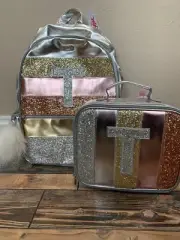 NWT Justice Girls Rose Gold Sparkle Backpack Initial “T” Lunch Box Bag Set