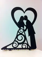 Silhouette Heart Bride & Groom Kissing Acrylic Swirl Wedding Cake Topper
