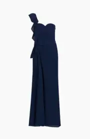 NEW Badgley Mischka SZ 8 Blue Botanical Off Shoulder Pleated Leaf Crepe Gown NWT