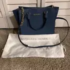 Michael Kors Alessa Satchel NWT Blue/Gold Accents Medium Designer MK w/ Dust Bag