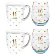 2x 2pc LMD 16th Birthday Sweet Heart Mug & Stemless Wine Glass Drinkware Set