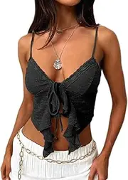 [NVRENJIA] Women Sexy Tie Front Crop Top Y2k Spaghetti Strap Lace Tank Flowy Going Out Vest Tops Split Cute Cami Shirt