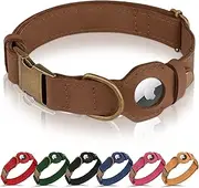 BUDKAS AirTag Dog Collar - Genuine Leather Dog Collar with Apple AirTag Holder and Metal Buckle - Smart GPS Tracking Pet Collars for Small Medium Large Dogs Puppy (Tawny, L, 17"-21" Neck Fit)
