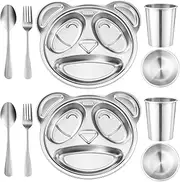 Jinei 10 Pieces Kids Stainless Steel Utensils Set Include 2 Panda Shaped Plates, 2 Bowls, 2 Cups, 2 Spoons, and 2 Forks, Stainless Steel dinnerware set for Kids Utensils