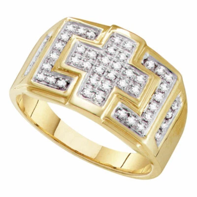 10k Yellow Gold Mens Round Diamond Square Cross Cluster Ring 1/3 Cttw