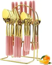 Gold Silverware Set, Caliamary 24 Pieces Flatware Set with Silverware Holder, Stainless Steel Knives and Forks and Spoons Cutlery Set Service for 6, Kitchen Utensil Tableware Set with Pink Handle