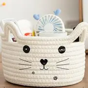 Zopeal Cat Basket Storage Woven Basket Organizer with Ears Decorative Pet Toy Cute Basket Cotton Rope Basket for Gift Cat Dog Toy Bin Nursery Room(8.3 x 4.7 Inch,White)