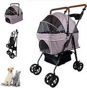 Pet Stroller with Storage Basket and Cup Holder, Folding Dog Stroller, Foldable Cat Stroller, 4 Wheels Puppy Kitten Cat Dog Cart, Breathable Mesh for Medium Dog Cat (Pink)