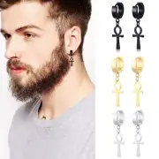 1 Pair Men Women Stainless Steel Clip on Earring Ankh Cross Hoop Dangle Jewelry