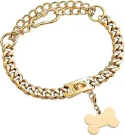 Udebohe Dog Chain Collar Necklace with Bone Dog ID Tag and Safety Buckle, Stainless Steel Cuban Link Dog Necklace Adjustable Heavy Duty Metal Dog Collar for Medium Large Dogs (Gold)