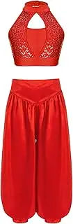 [Yihuimin] Kids Girls Arabian Princess Belly Dance Costume Sequins Crop Top with Harem Pants