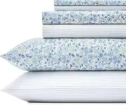 Laura Ashley Home - King Sheets, Cotton Percale Bedding Set, Crisp & Cool Home Decor (Jaynie Pastel Blue, King)