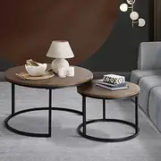 [OIKITURE] Coffee Table Round Coffee Table Marble Nesting Table Black and Walnut