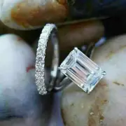 2.71 Ct Emerald Moissanite Engagement Ring Wedding Band 14K White Gold Plated