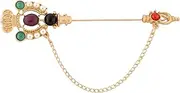 [Knighthood] Antique Matte Gold Crowned Brooch Detailed with Pearls & Multicolored Stones and Hanging Chain for Men, Standard, Metal, no gemstone