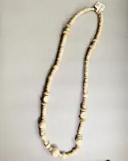 VINTAGE 28” NEUTRAL LIGHT GRAIN WOOD ROUND & FLAT DISC BEADS NECKLACE UNISEX