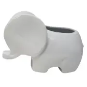 White Gloss Glazed Elephant Planter Ceramic Short Round 6" Long 4" Tall MOD