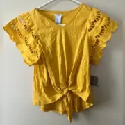 Tahari Yellow Flutter Sleeve Blouse with Tie Front Cut Out Girls Kids Sz. 10 New
