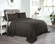 Superior Aspen Cotton Blend 3 Piece Bedspread Set, Oversized Bedspread, 2 Pillow Shams, Medium Weight Blanket, Home Bed Decor, Floral Scalloped, Matelasse Coverlet, Bedding Essential, Full, Charcoal