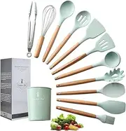 Generic 12 PCs, Kitchen Utensils Set, Non Stick Silicone Cooking Utensil Set, Wooden Handle, Heat Resistance, Gadgets Sets, Kitchen Spoons, Spatula Sets, Brush, Whisk, Tongs, Bucket (Green), LSD-093