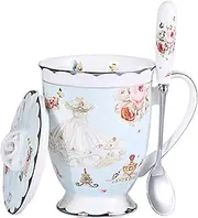 AWHOME Tea Cup and Lid and Spoon Set Royal Fine Bone China Coffee Mug 330ml Light Blue TeaCups